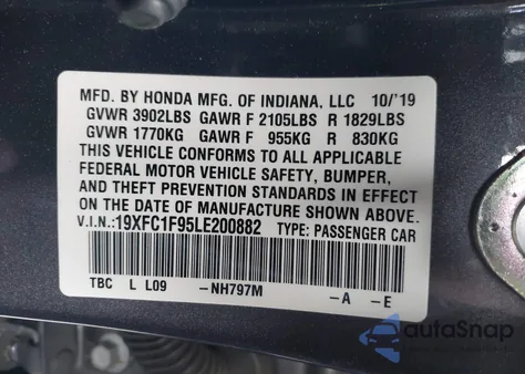 2020 Honda Civic Touring из США, поврежденный, VIN 19XFC1F95LE200882